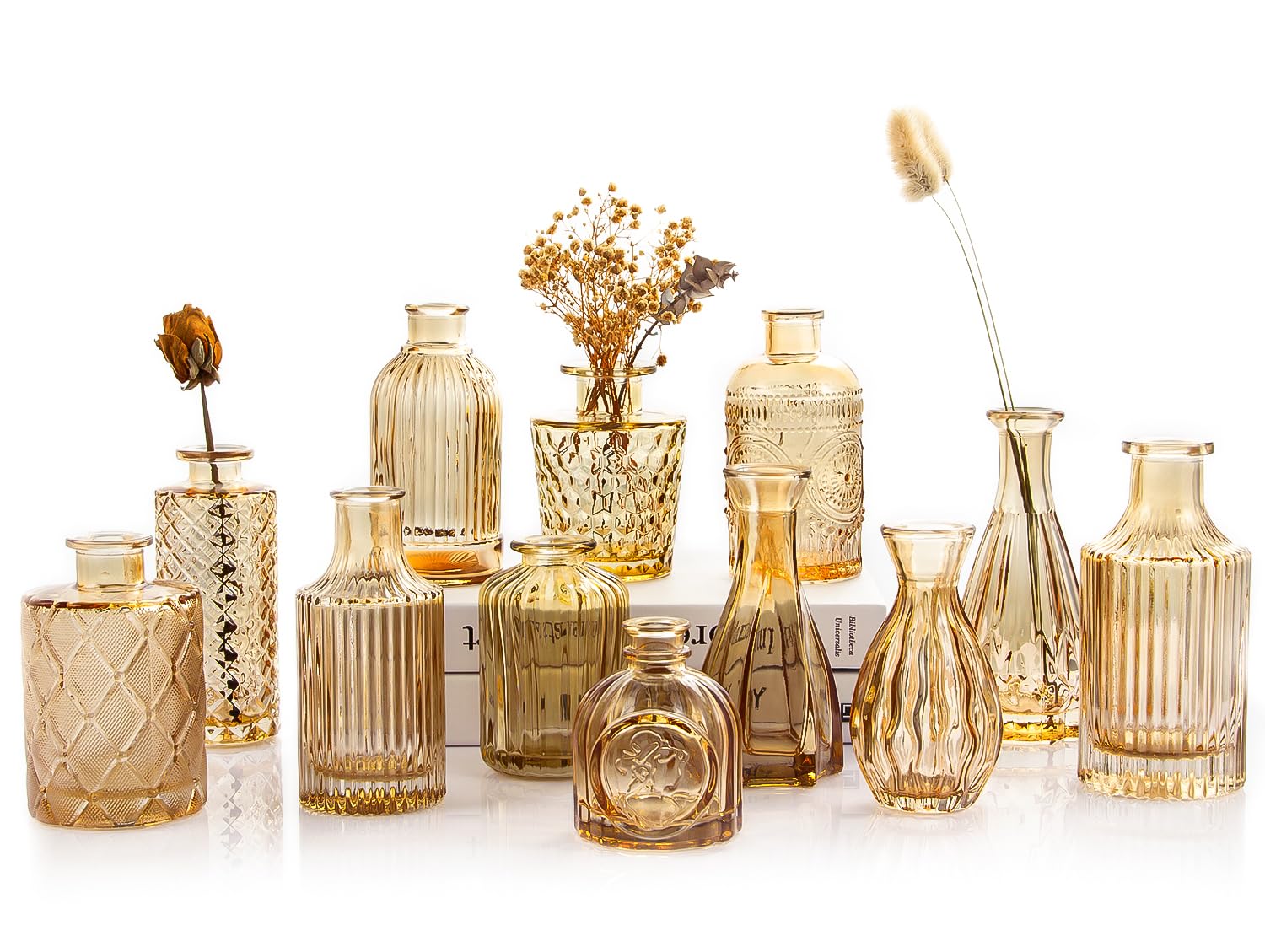 TBWIND Gold Amber Glass Bud Vases Set of 12, Small Vases for Flowers, Champagne Mini Vintage Vases for Centerpieces,Bud Vase in Bulk for Wedding Decor,Single Flowers,Office and Home Table Flower Décor